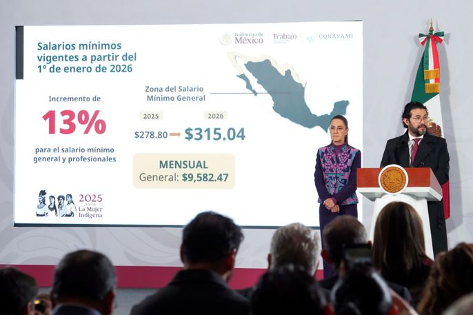 PRESIDENTA CLAUDIA SHEINBAUM ANUNCIA INCREMENTO DEL 13% AL SALARIO MÍNIMO GENERAL EN 2026